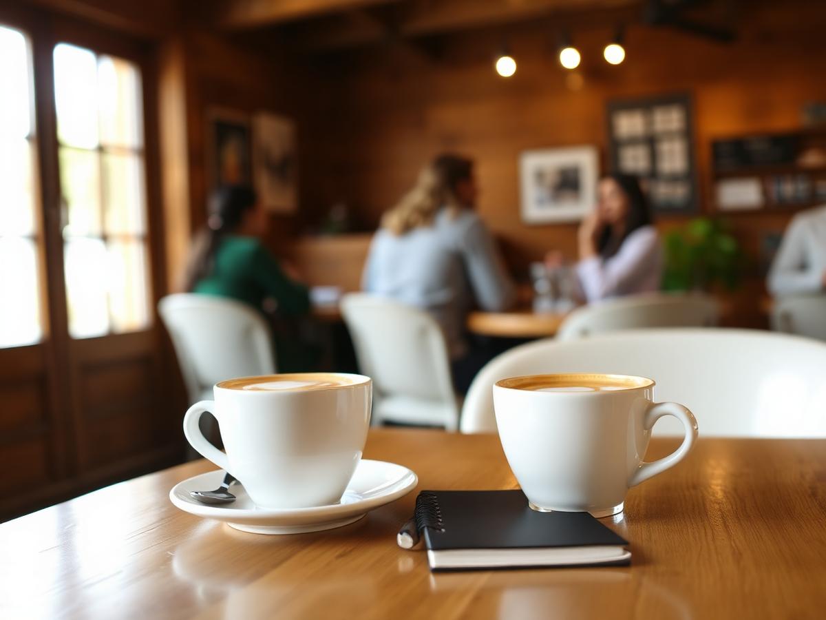 Warm coffee shop table with two cappuccinos and a notebook