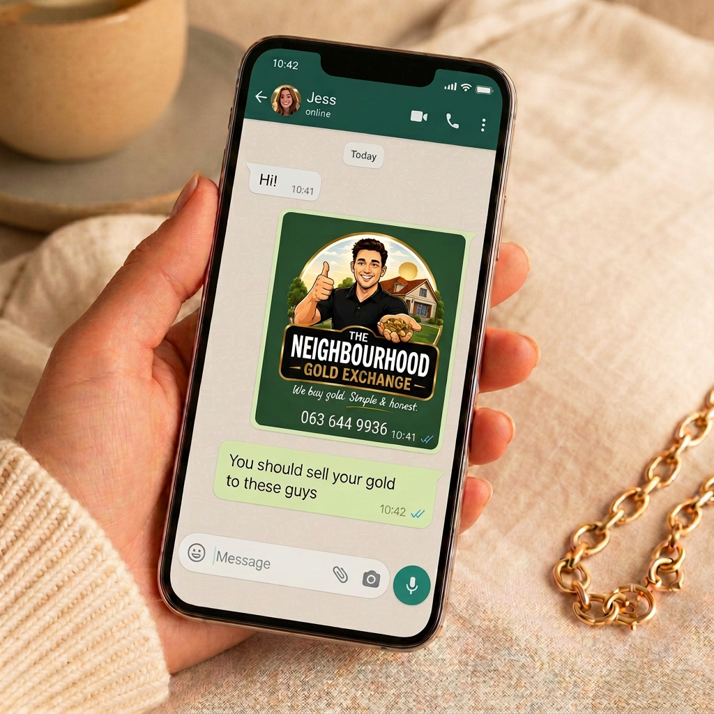A friend sharing The Neighbourhood Gold Exchange on WhatsApp — the message shows the business logo and the number 063 644 9936, with Jess's own profile photo at the top
